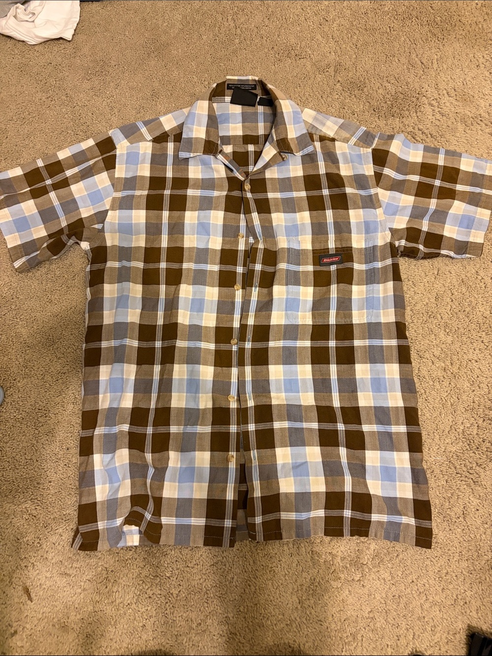 Dickies Brown and Light Blue Plaid Short-Sleeve Button-Down Shirt
